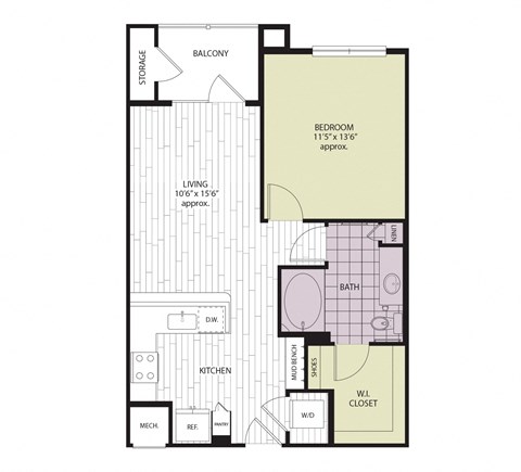 Floor plan for 1 bed, 1 bath, 703 sqft